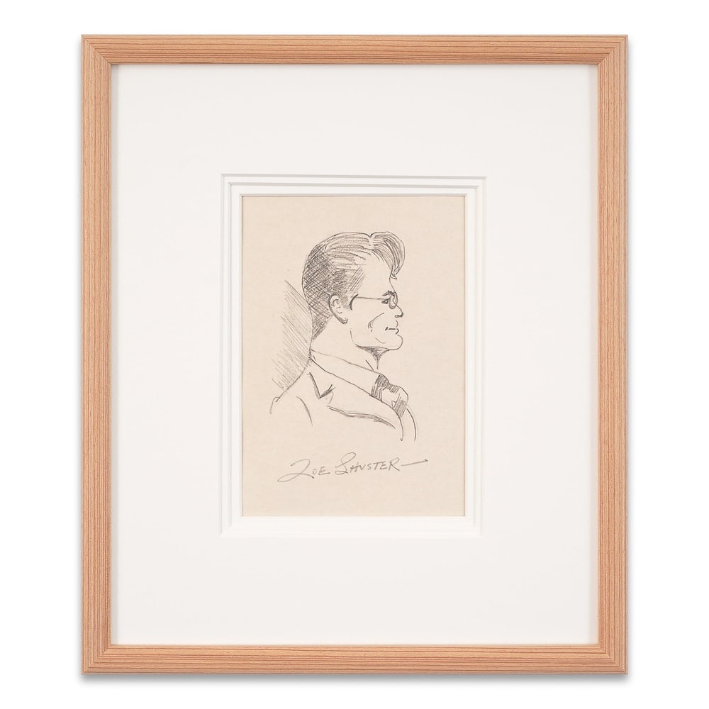 JOE SHUSTER SIGNED DRAWING - SUPERMAN: Image Dimensions: 7 5/8 x 5 1/8 in (19.2 x 13 cm) Framed Dimensions: 15 1/8 x 12 3/4 in (38.5 x 32.5 cm) Provenance and Authentication: This collectible has undergone a rigorous forensic evaluation.