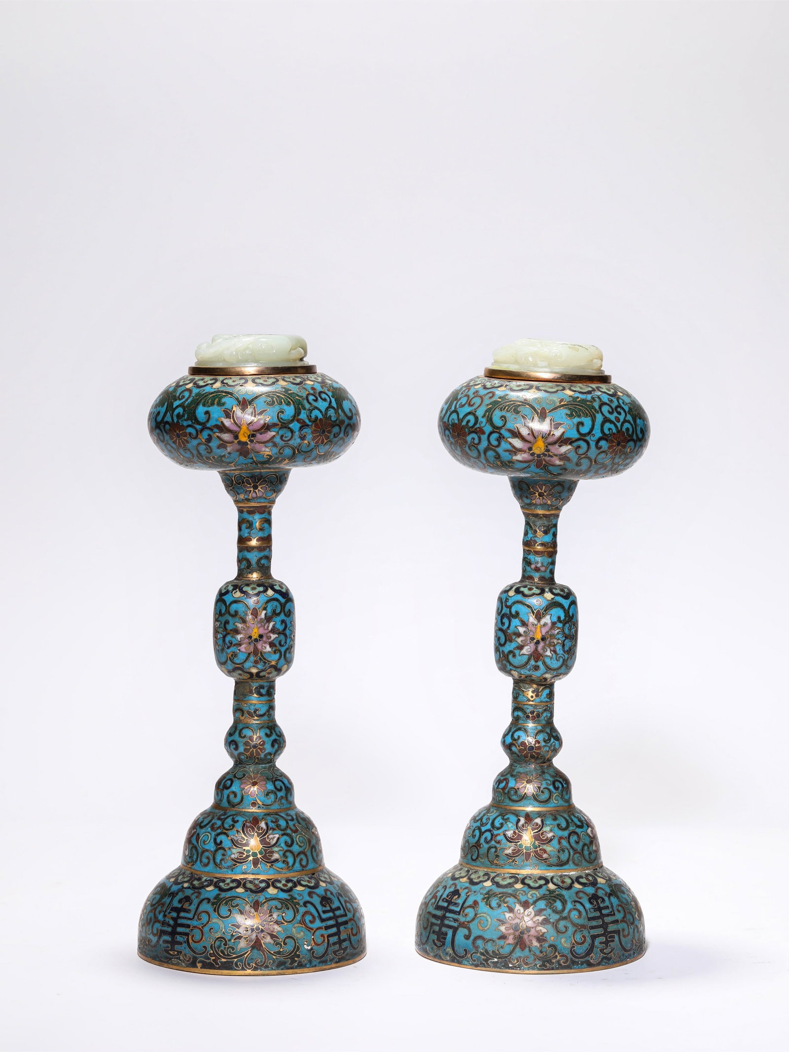 A Pair of Cloisonne Enamel Jade-Inset Hat Finials: A Pair of Cloisonne Enamel Jade-Inset Hat Finials. Total Weight 1.65 kg; Width 10.5 cm x Height 28 cm.