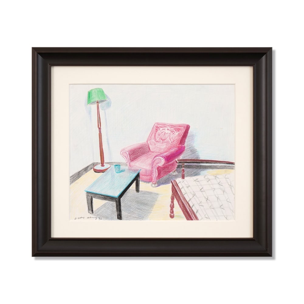 DAVID HOCKNEY (1937-2026), ATTRIBUTED TO, COLOURED CRAYON AND GRAPHITE ON PAPER: Signed (lower left) Image Dimensions: 13 3/4 x 16 1/2 in (34.9 x 41.9 cm) Framed Dimensions: 20 7/8 x 23 5/8 in (53 x 60 cm) This painting comes with COA. David Hockney is universally regarded as one