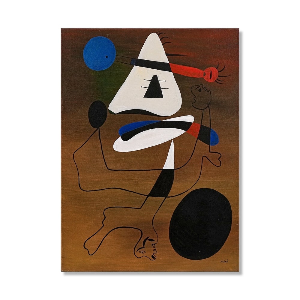 JOAN MIRO (1893-1983), ATTRIBUTED TO, OIL ON CANVAS: Signed (lower right and verso) Image Dimensions: 28 3/4 x 21 1/4 in (73 x 54 cm) This painting comes with COA. Joan Miro stands among the most influential artists of twentieth-century modernism, celeb