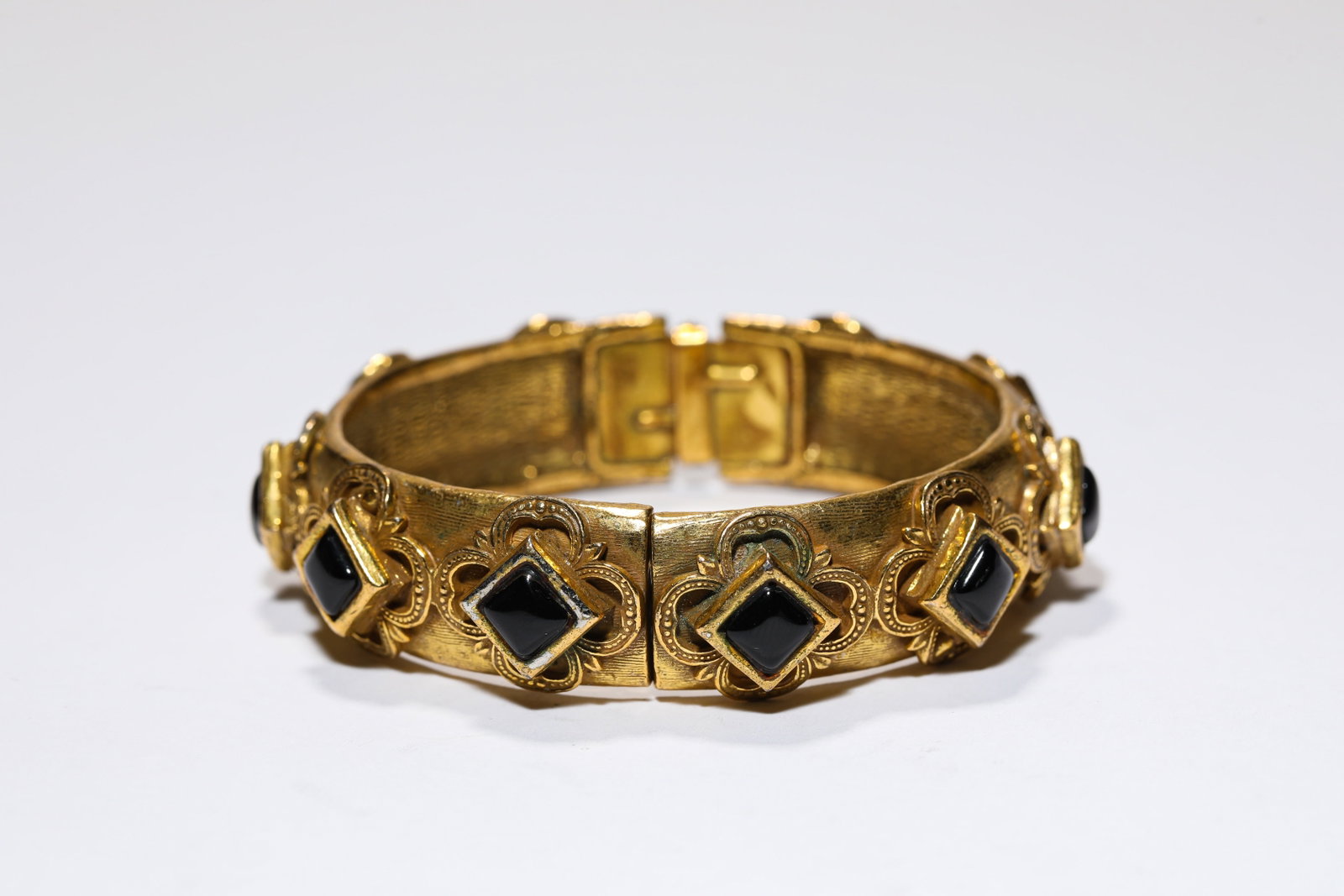 Gilt Bronze and Gem Inlaid Bracelet: Gilt Bronze and Gem Inlaid Bracelet; Material: Bronze; Dimensions/Weight: Weight 64 g, width 5.7 cm