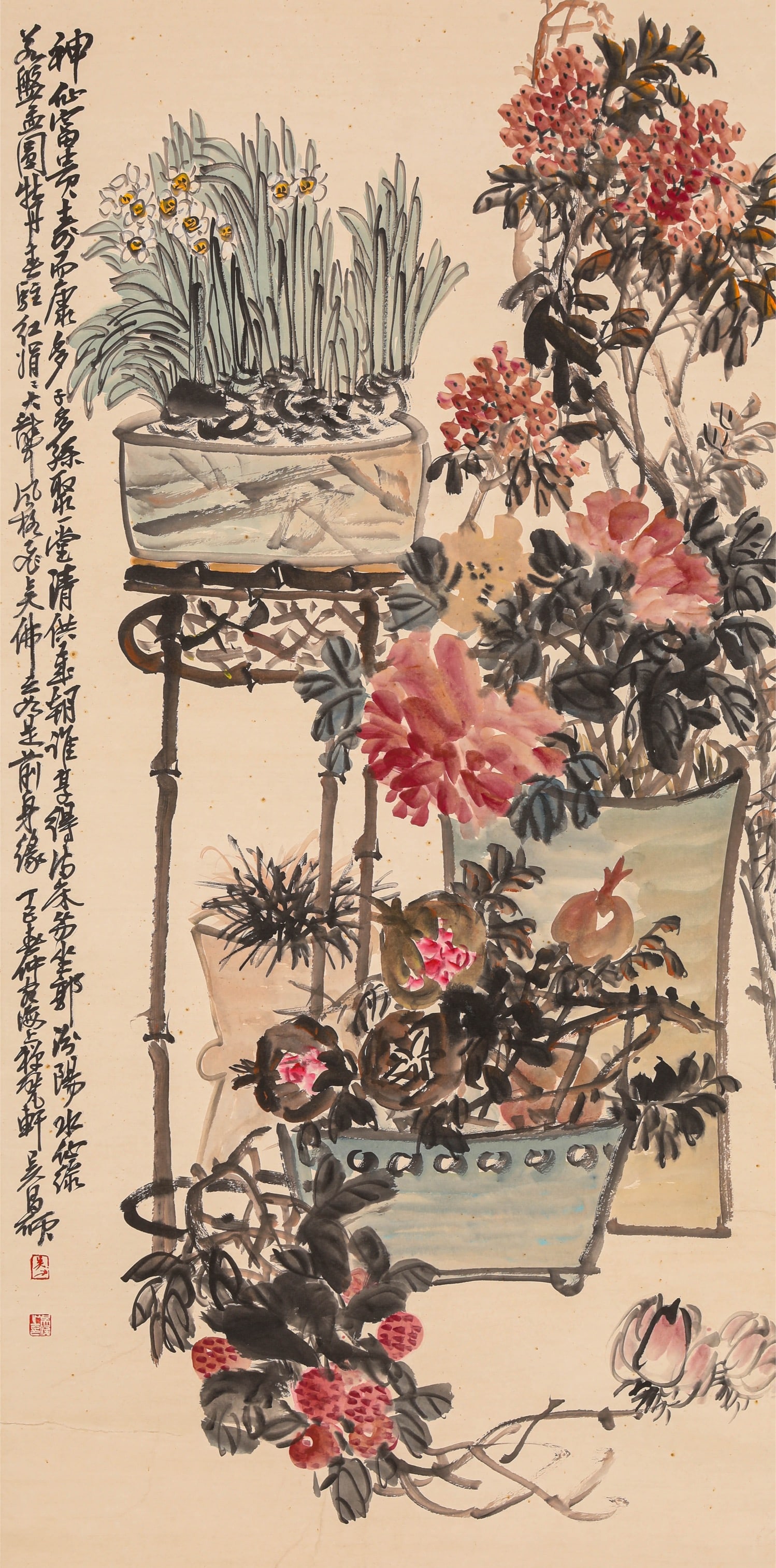 Wu Changshuo, Qinggong Illustration: Wu Changshuo, Qinggong Illustration; Material: Painting and calligraphy; Category/Finish: Hanging scroll, ink and color on paper; Dimensions/Weight: Width 67 cm, height 137 cm