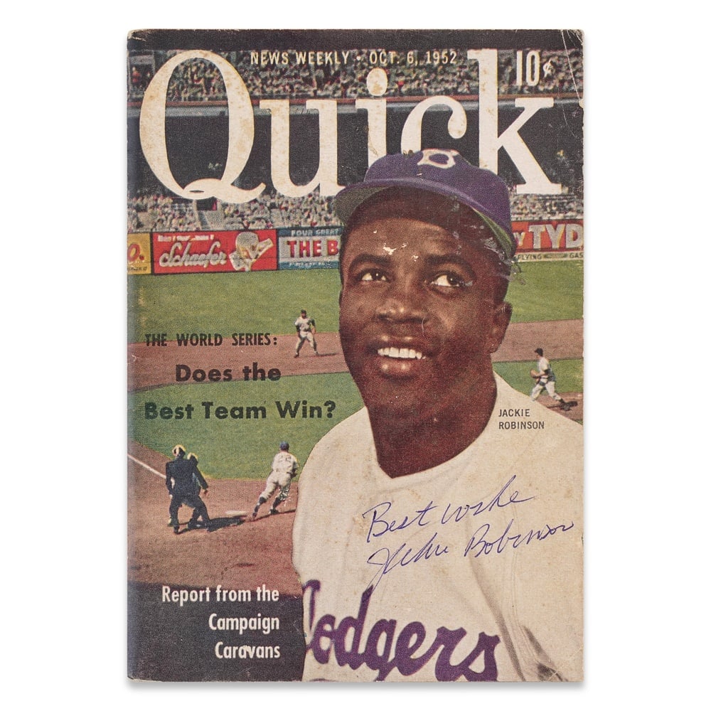 JACKIE ROBINSON SIGNED "QUICK" MAGAZINE (OCT. 6, 1952): 5 7/8 x 4 1/8 in (14.8 x 10.5 cm) Provenance and Authentication: This collectible has undergone a rigorous forensic evaluation. The signatures were carefully analyzed across multiple criteria,