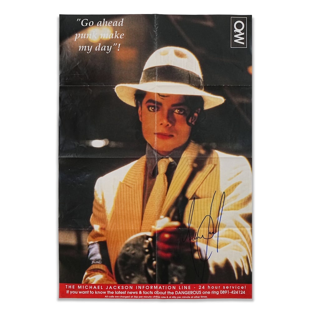 MICHAEL JACKSON SIGNED "DANGEROUS" U.K. PROMOTIONAL POSTER (1992): 34 x 23 1/8 in (86.3 x 58.7 cm) Provenance and Authentication: According to the accompanying documentation provided by the consignor, the signatures have been examined with reference to multiple