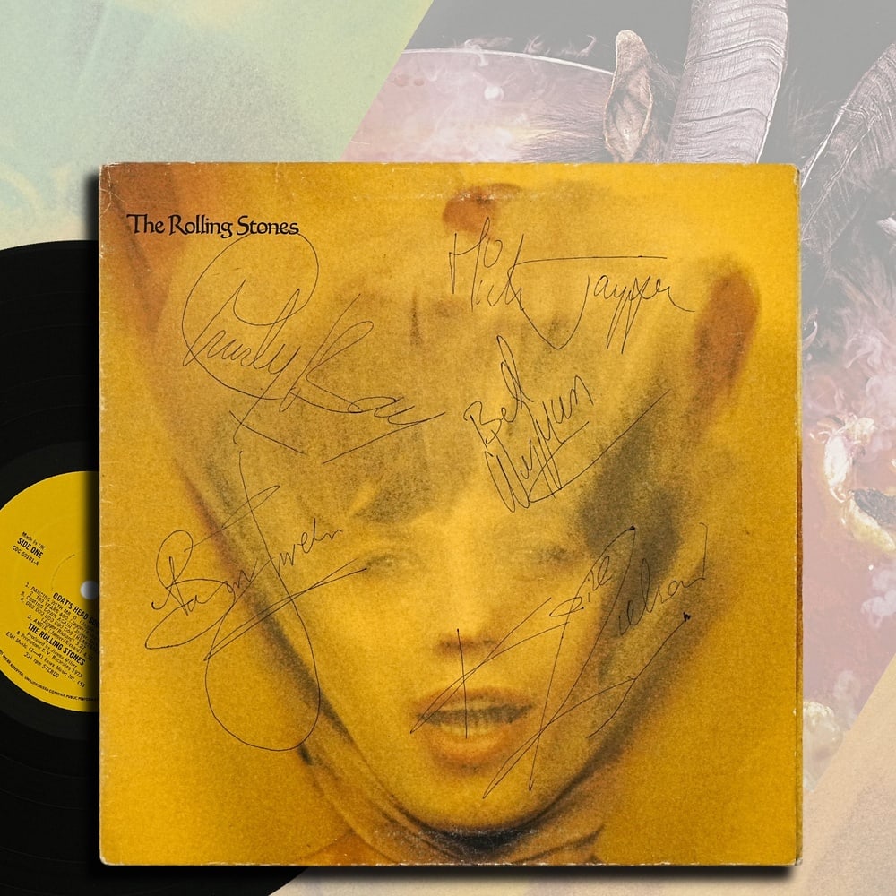 THE ROLLING STONES FULLY SIGNED "GOATS HEAD SOUP" U.K. FIRST PRESSING: 12 1/4 x 12 1/4 in Provenance and Authentication: According to the accompanying documentation provided by the consignor, the signatures have been examined with reference to multiple factors,
