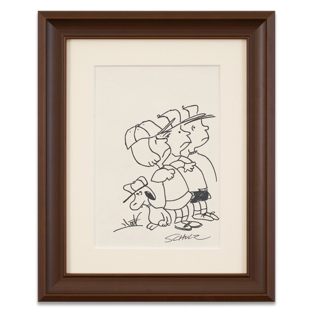 CHARLES M. SCHULZ SIGNED INK DRAWING: Image Dimensions: 12 1/8 x 8 1/4 in (30.8 x 20.9 cm) Framed Dimensions: 19 1/2 x 15 3/4 in (49.5 x 40 cm) Provenance and Authentication: This collectible has undergone a rigorous forensic evaluation. 