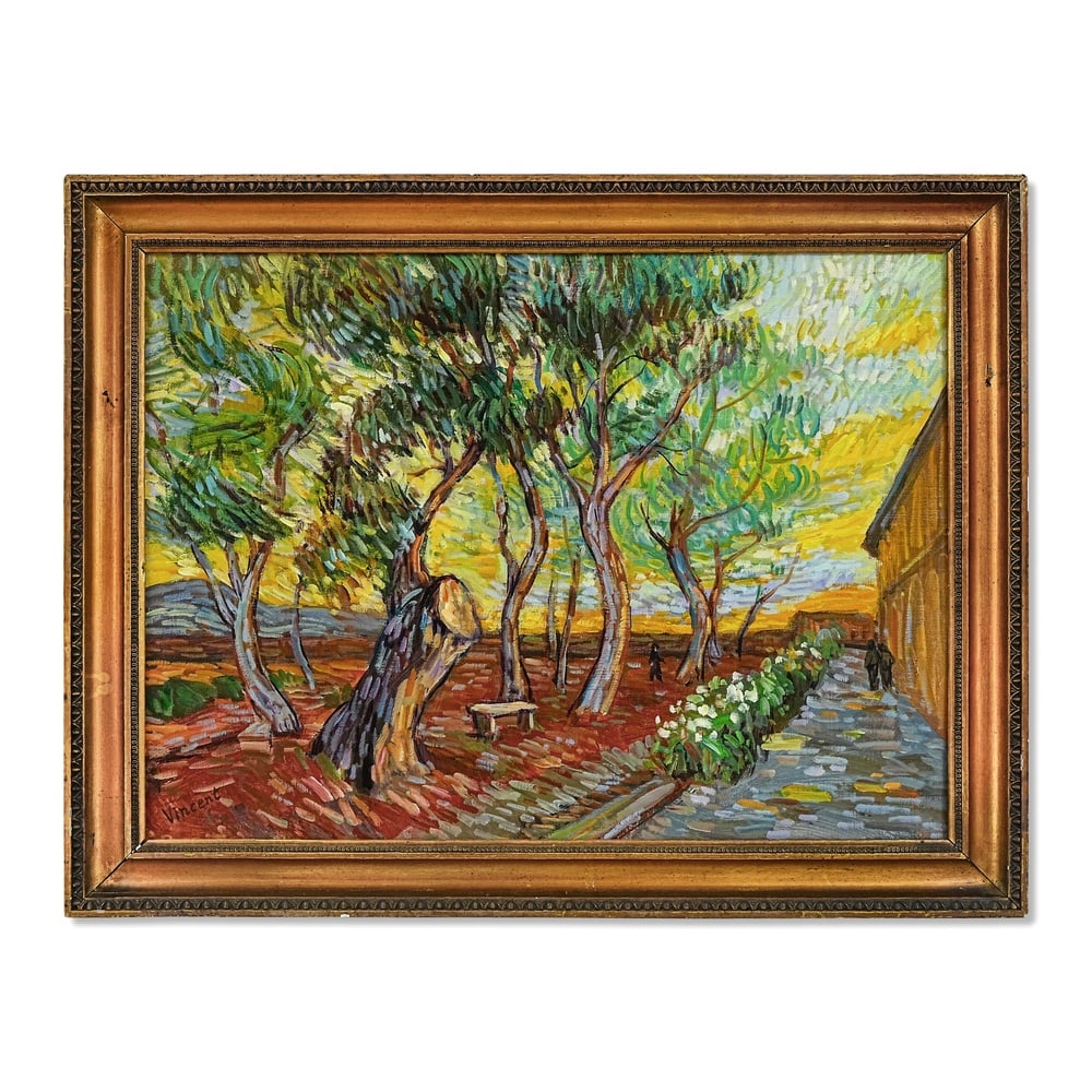 VINCENT VAN GOGH (1853-1890), ATTRIBUTED TO, OIL ON CANVAS: Signed (lower left) Image Dimensions: 20 1/2 x 28 in (52 x 71 cm) Framed Dimensions: 24 3/4 x 32 1/8 in (63 x 81.5 cm) This painting comes with COA. Vincent van Gogh's paintings of the asylum garden r