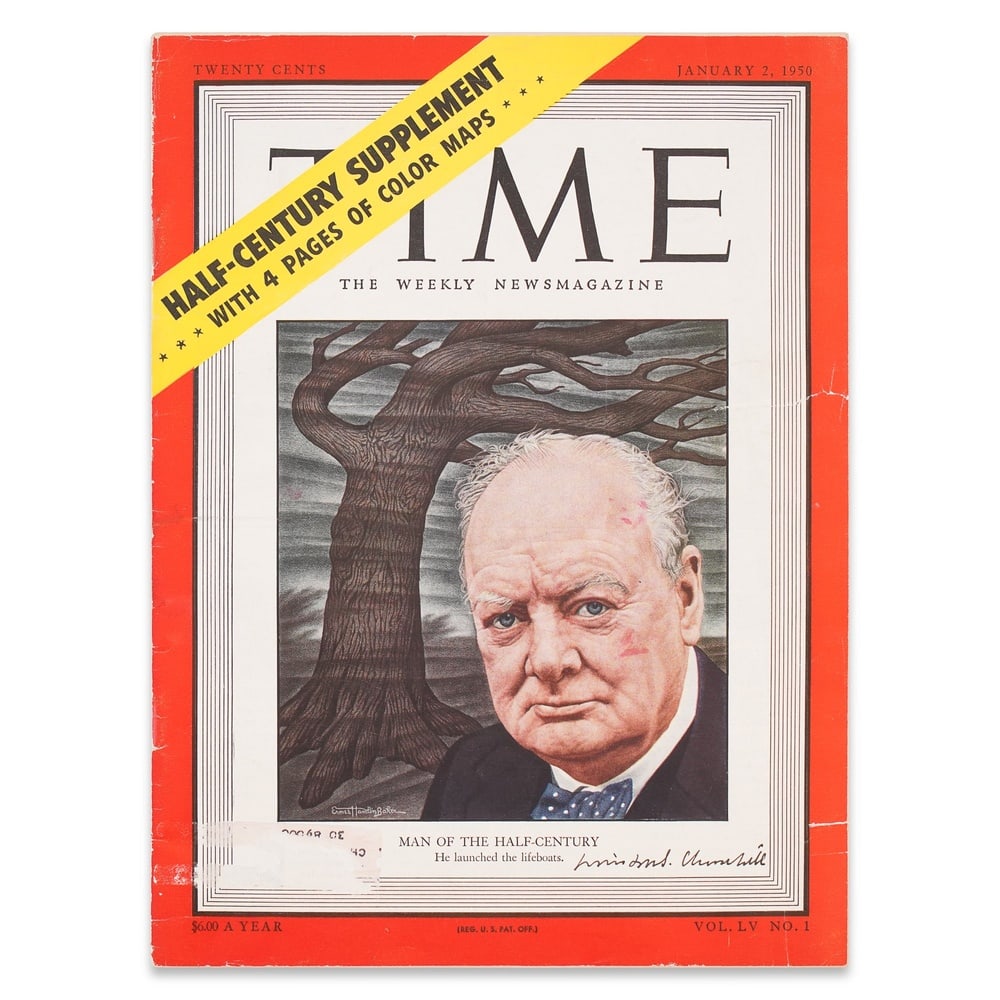 WINSTON CHURCHILL SIGNED TIME MAGAZINE: 11 1/4 x 8 1/4 in (28.5 x 21 cm) Provenance and Authentication: This collectible has undergone a rigorous forensic evaluation. The signatures were carefully analyzed across multiple criteria,