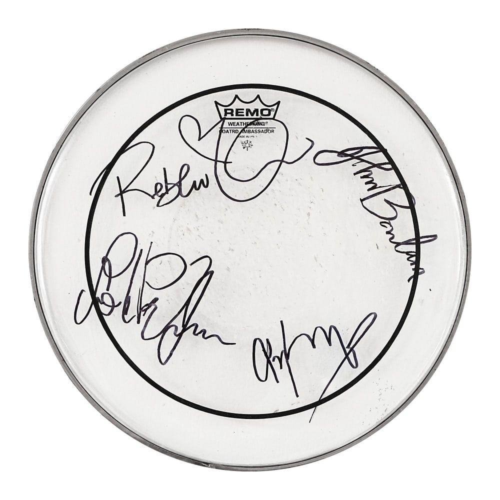 LED ZEPPELIN FULLY SIGNED DRUMHEAD: Diameter 13 in (33 cm) Vintage REMO drumhead signed by all four members of Led Zeppelin-Robert Plant, Jimmy Page, John Paul Jones, and John Bonham-in black marker. According to the accompanying proven
