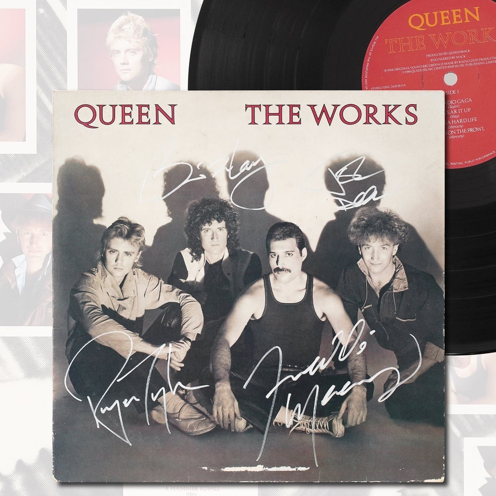 QUEEN FULLY SIGNED "THE WORKS" LP: 12 3/8 x 12 3/8 in (31.5 x 31.5 cm) Provenance and Authentication: According to the accompanying documentation provided by the consignor, the signatures have been examined with reference to multiple f
