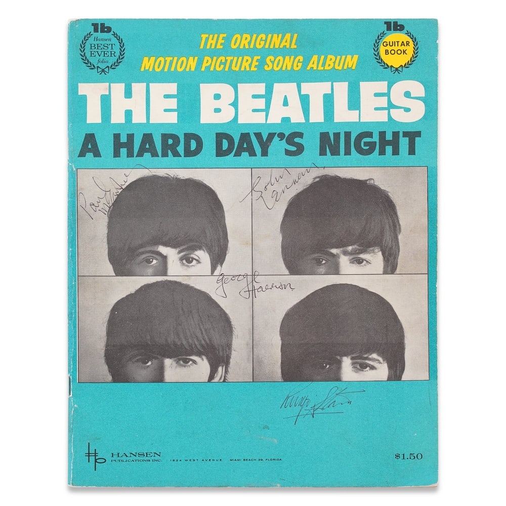 THE BEATLES FULLY SIGNED "A HARD DAY'S NIGHT" MOTION PICTURE SONG ALBUM: 11 x 8 1/2 in (27.9 x 21.5 cm) Provenance and Authentication: This collectible has undergone a rigorous forensic evaluation. The signatures were carefully analyzed across multiple criteria, including
