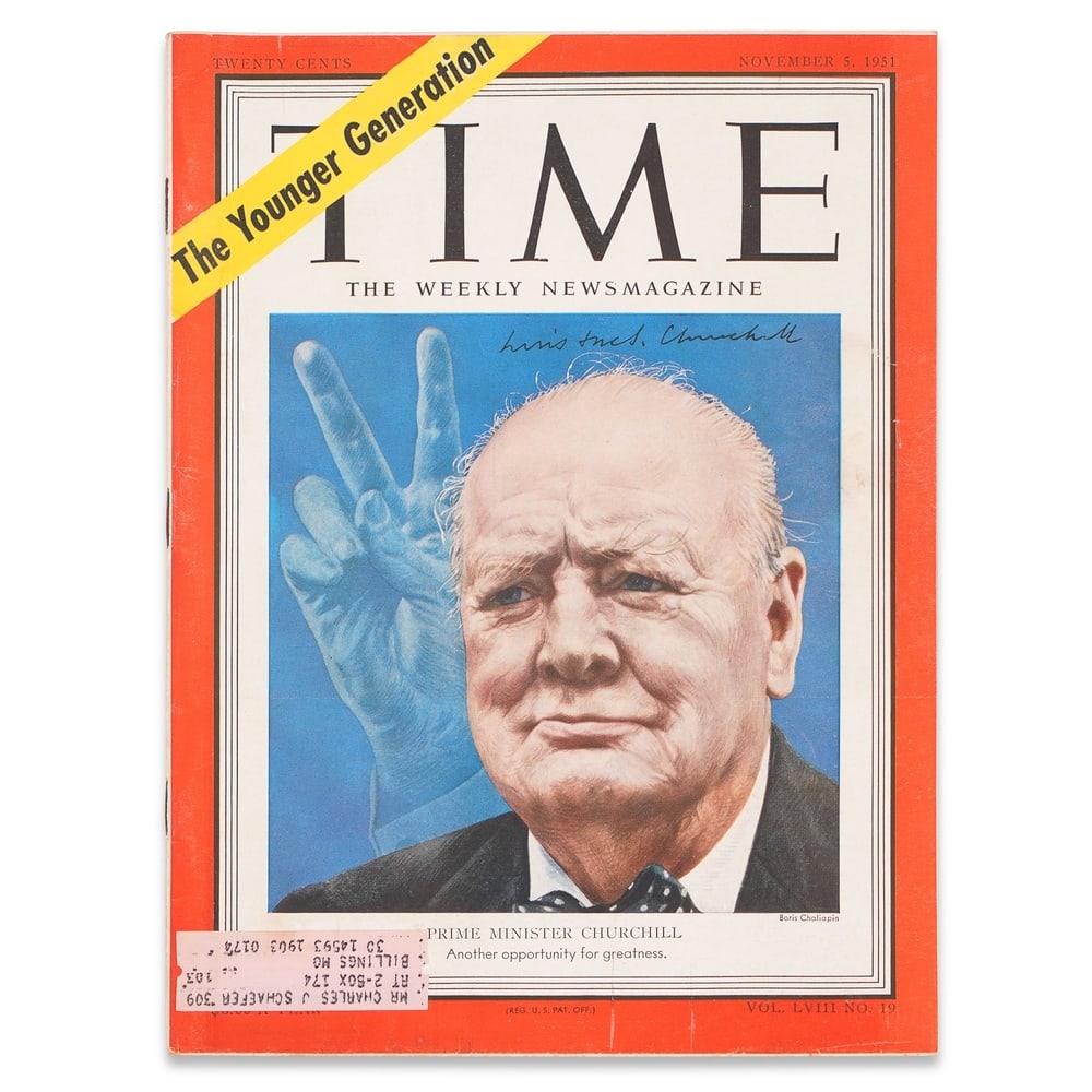 WINSTON CHURCHILL SIGNED "TIME" MAGAZINE: 11 1/8 x 8 1/4 in (28.3 x 21 cm) Provenance and Authentication: This collectible has undergone a rigorous forensic evaluation. The signatures were carefully analyzed across multiple criteria,