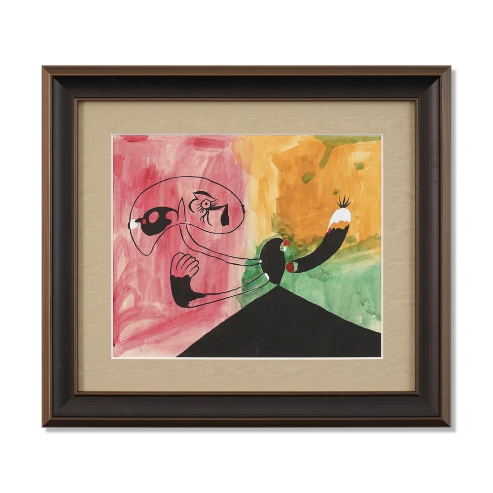 JOAN MIRO (1893-1983), ATTRIBUTED TO, MIXED MEDIA ON PAPER: Signed (right) Image Dimensions: 12 x 14 3/8 in (30.4 x 36.4 cm) Framed Dimensions: 19 1/8 x 21 1/2 in (48.5 x 54.5 cm) This painting comes with COA. Joan Miro was one of the most influential artists 