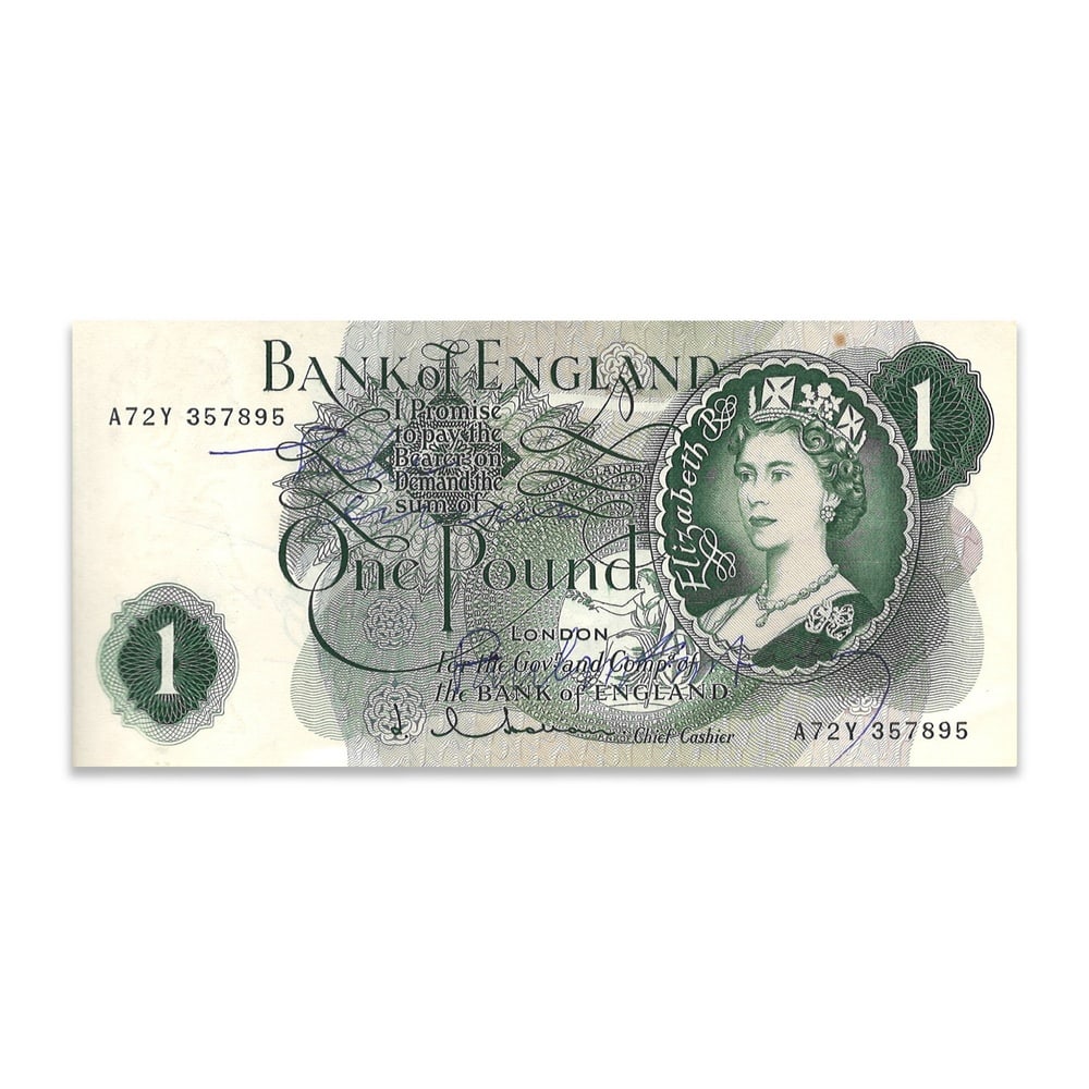 THE BEATLES FULLY SIGNED BANK OF ENGLAND ONE POUND NOTE: 5 7/8 x 2 3/4 in (15 x 7.1 cm) Provenance and Authentication: This collectible has undergone a rigorous forensic evaluation. The signatures were carefully analyzed across multiple criteria, including 