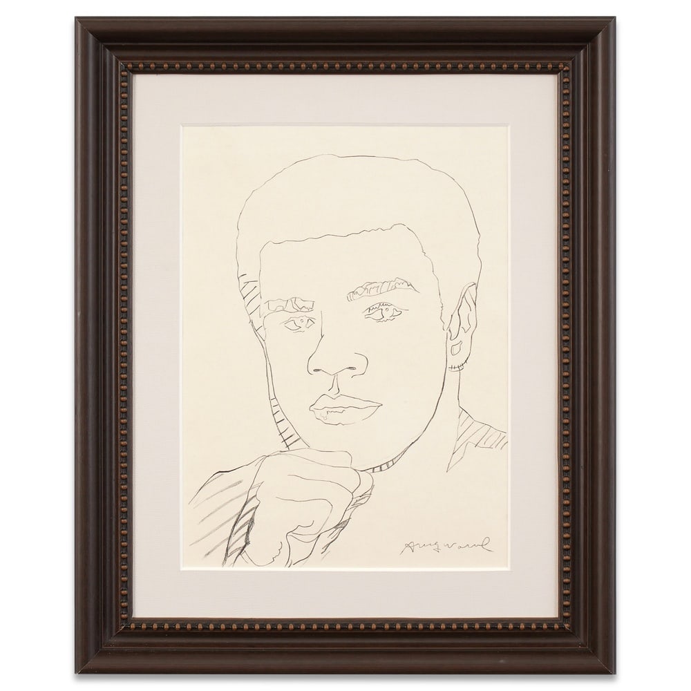ANDY WARHOL HAND-DRAWN AND SIGNED MUHAMMAD ALI PORTRAIT: Image Dimensions: 16 1/8 x 11 3/4 in (41.1 x 29.9 cm) Framed Dimensions: 24 3/8 x 19 7/8 in (61.8 x 50.4 cm) Provenance and Authentication: According to the accompanying documentation provided by the 