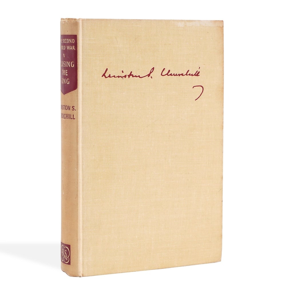 WINSTON S. CHURCHILL SIGNED "THE SECOND WORLD WAR, VOLUME V: CLOSING THE RING": 7 7/8 x 5 1/2 in (20 x 14 cm) Provenance and Authentication: This collectible has undergone a rigorous forensic evaluation. The signatures were carefully analyzed across multiple criteria, including i