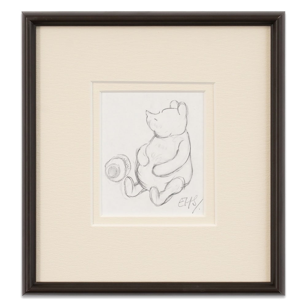 E. H. SHEPARD HAND-DRAWN AND SIGNED WINNIE THE POOH SKETCH: Image Dimensions: 5 1/2 x 4 5/8 in (14.1 x 11.6 cm) Framed Dimensions: 13 1/4 x 12 1/4 in (33.7 x 31.2 cm) Provenance and Authentication: According to the accompanying documentation provided by the co