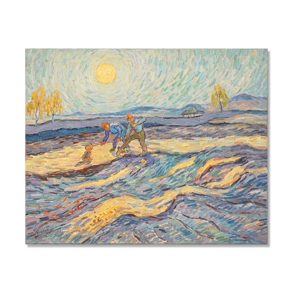 VINCENT VAN GOGH (1853-1890), ATTRIBUTED TO, OIL ON CANVAS: Signed (lower left) Image Dimensions: 25 5/8 x 31 1/2 in (65 x 80 cm) This painting comes with COA. "Champ avec deux paysans" (1889) is a poignant and expressive painting by Vincent van Gogh, capturin