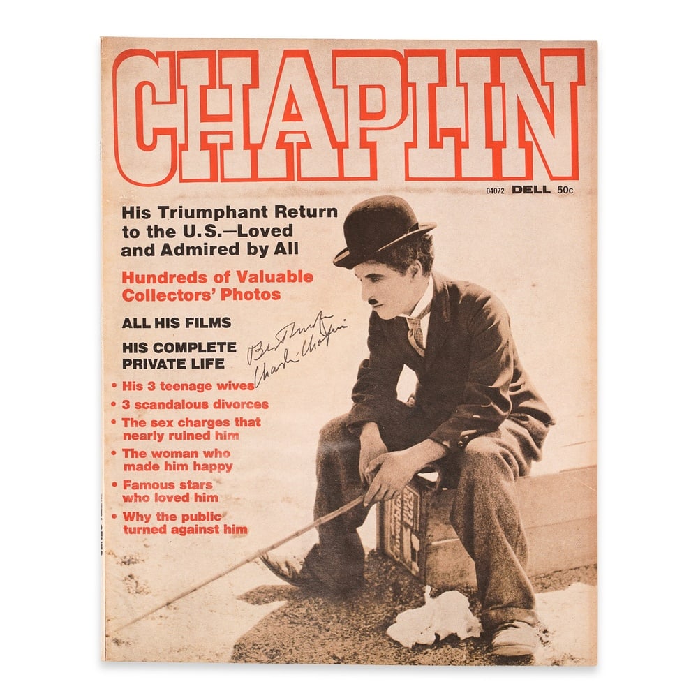 CHARLES CHAPLIN SIGNED ISSUE OF CHAPLIN MAGAZINE: 10 3/4 x 8 1/2 in (27.2 x 21.5 cm) Provenance and Authentication: This collectible has undergone a rigorous forensic evaluation. The signatures were carefully analyzed across multiple criteria,