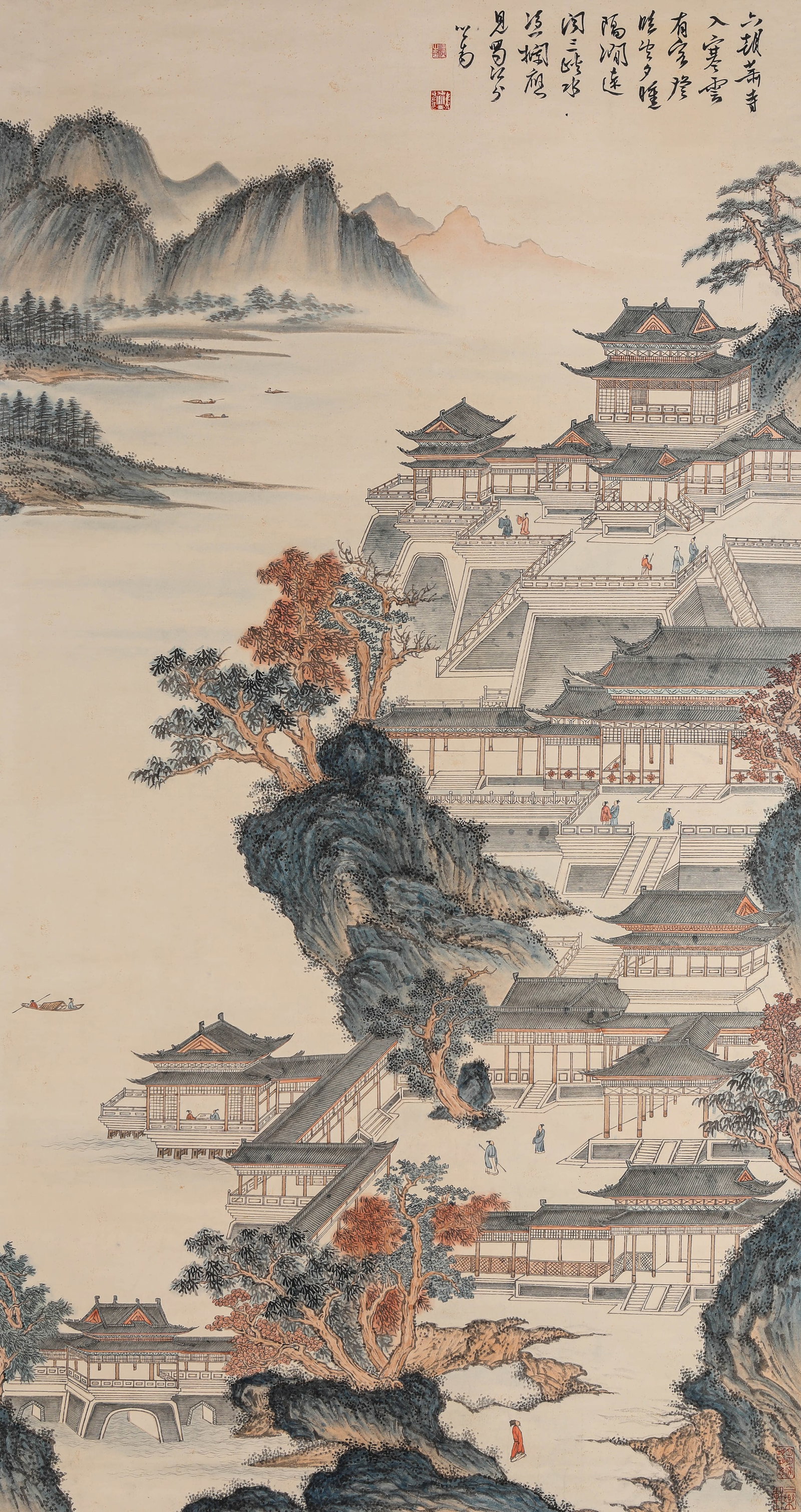 Pu Ru (1896-1963), attributed to, Cloudy Mountains and Pavilions: Dimensions: Width: 86.5 cm (34.1 in.), Height: 162 cm (63.8 in.). All measurements are approximate.