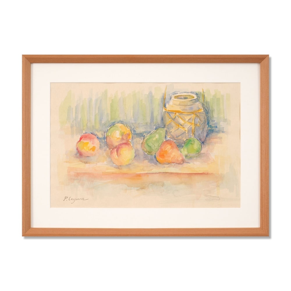 PAUL CEZANNE (1839-1906), ATTRIBUTED TO, WATERCOLOR AND PENCIL ON PAPER: Signed (lower left) Image Dimensions: 12 3/8 x 18 3/4 in (31.5 x 47.5 cm) Framed Dimensions: 23 5/8 x 17 3/8 in (60 x 44.2 cm) This painting comes with COA. "Pommes, poires et pot" (1902) is a beautif