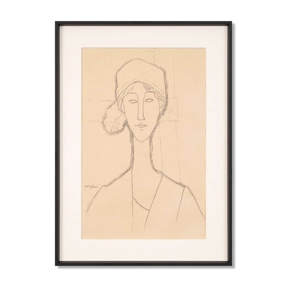 AMEDEO MODIGLIANI (1884-1920), ATTRIBUTED TO, PENCIL ON PAPER: Signed (lower left) Image Dimensions: 15 3/4 x 10 1/4 in (40 x 26 cm) Framed Dimensions: 14 3/8 x 19 7/8 in (36.5 x 50.5 cm) This painting comes with COA. "Femme au chapeau" (1911) is a striking examp
