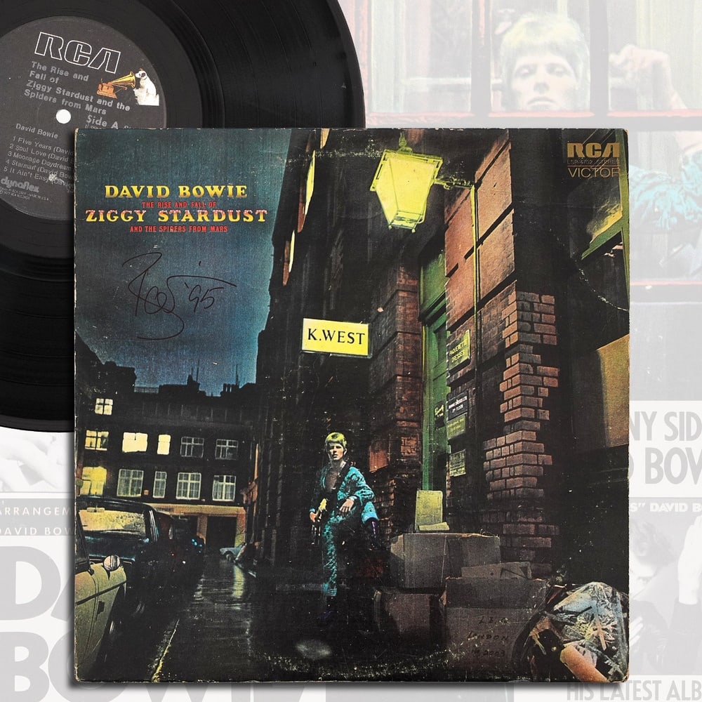 DAVID BOWIE SIGNED "THE RISE AND FALL OF ZIGGY STARDUST AND THE SPIDERS FROM MARS" U.S. RCA PRESSING: 12 1/4 x 12 1/4 in Provenance and Authentication: According to the Letter of Authenticity (LOA) and Certificate of Authenticity (COA) provided by the consignor, this collectible was subjected to a