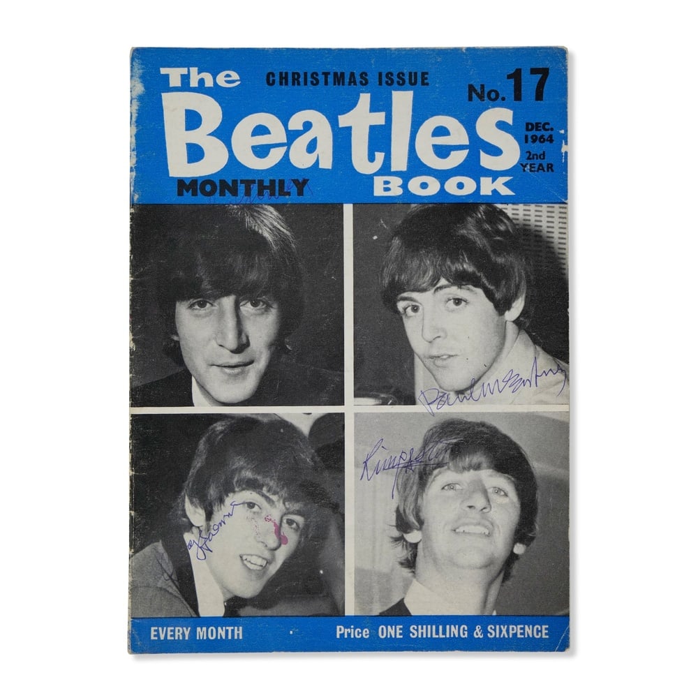 THE BEATLES SIGNED MONTHLY BOOK ISSUE NO. 17 (DECEMBER 1964): Image Dimensions: 8 1/4 x 5 7/8 in (21 x 15 cm) This is Issue No. 17 of The Beatles Monthly Book, published in December 1964 as the special Christmas edition. The cover features striking black-and-whi