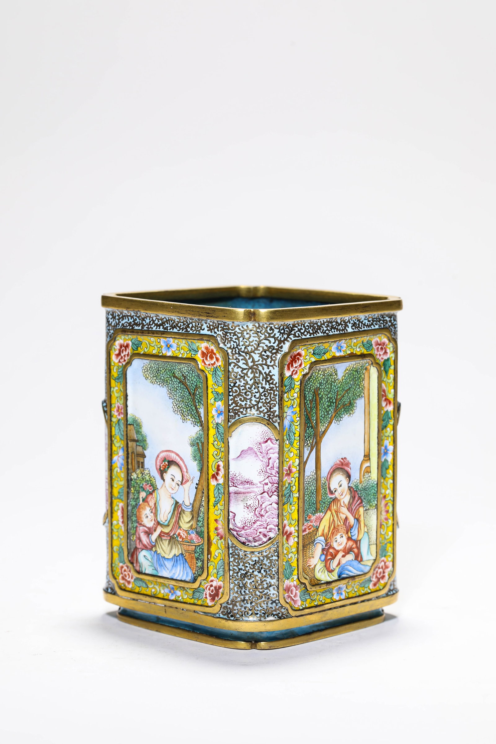 Painted Enamel on Copper Brush Pot with Figural Scenes (1 of 6)