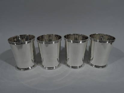 Set of 4 American Sterling Silver Mint Julep Cups by: Set of 4 sterling silver mint julep cups. Made by Frank W. Smith in Gardner, Mass. Each: Straight and tapering sides and reeded rim and foot. Fully marked including maker&#8217;s stamp and no. 3759. O