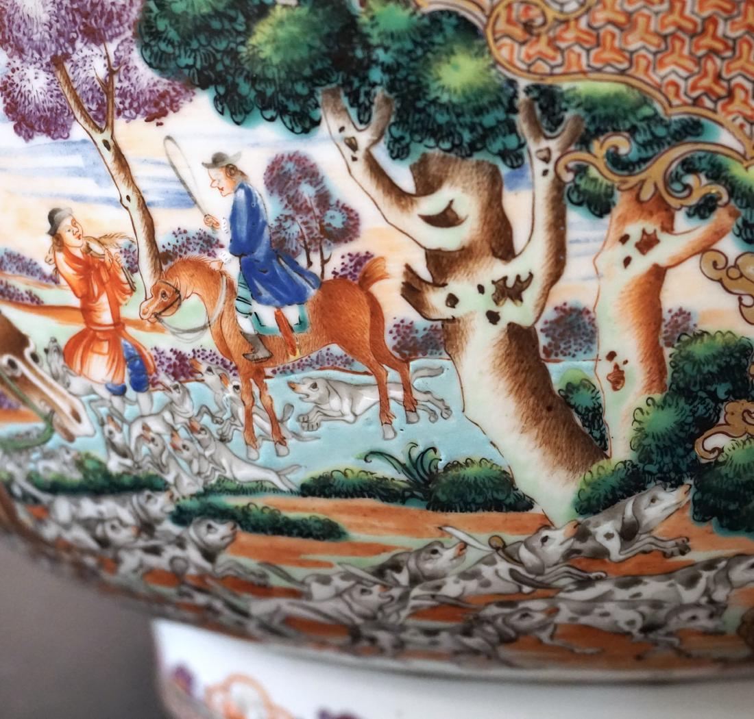 A Rare Chinese Export Famille Rose 'Hunt Scene' Punch (1 of 7)