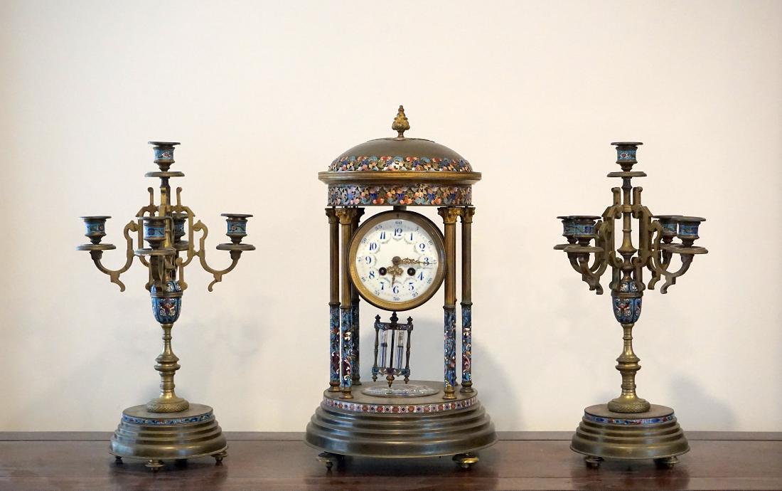 A LargeFrench CloisonnÃ© Clock with Two Candle Holders (1 of 10)