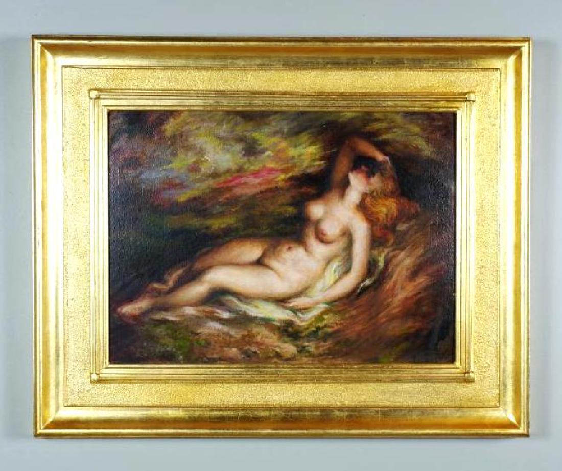 Richard A. Skelley Oil, Reclining Nude: Richard A.Skelley(American, 20thc.) oil on board, signed lower right 16 x 22 in. 25 x 31 in. framed 