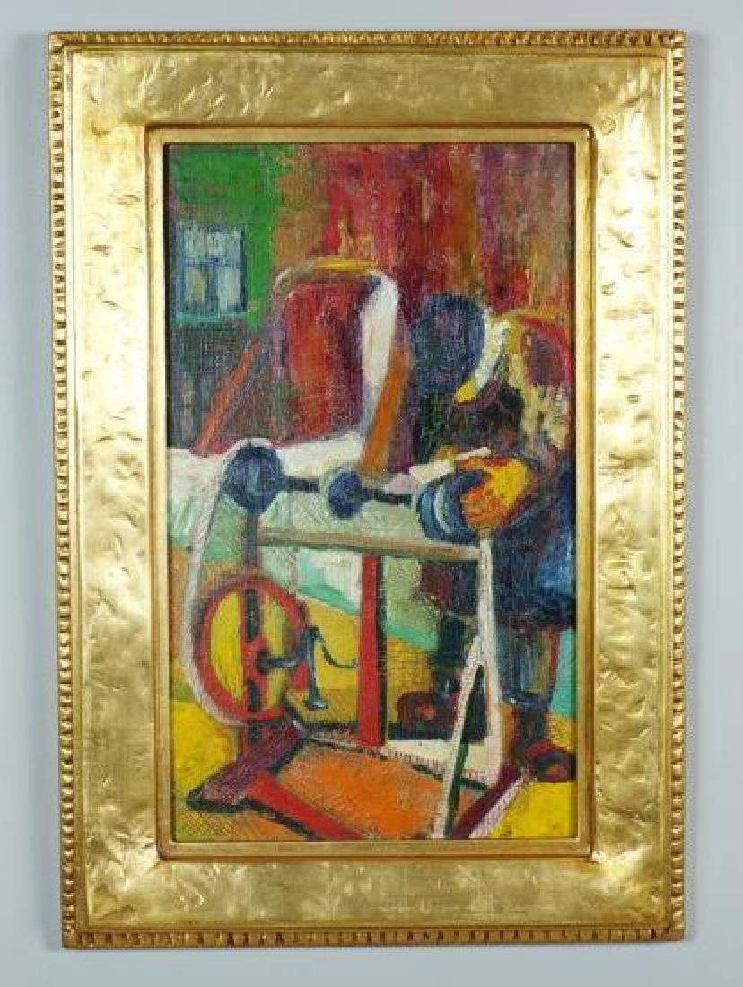Modernist Style Painting: 20thc. School oil on board, unsigned, depicting a craftsman in workshop. Sight size 23 x 13 in., overall in hand crafted gold wood frame 30 x 20.5 in.