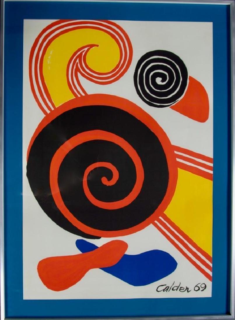Alexander Calder Poster, Composition '69: Alexander Calder (American 1898-1976) lithograph in colors, signed and dated in the plate, sight size 35 x 24 in. overall 40.5 x 29 in. framed under glass in silver metal.