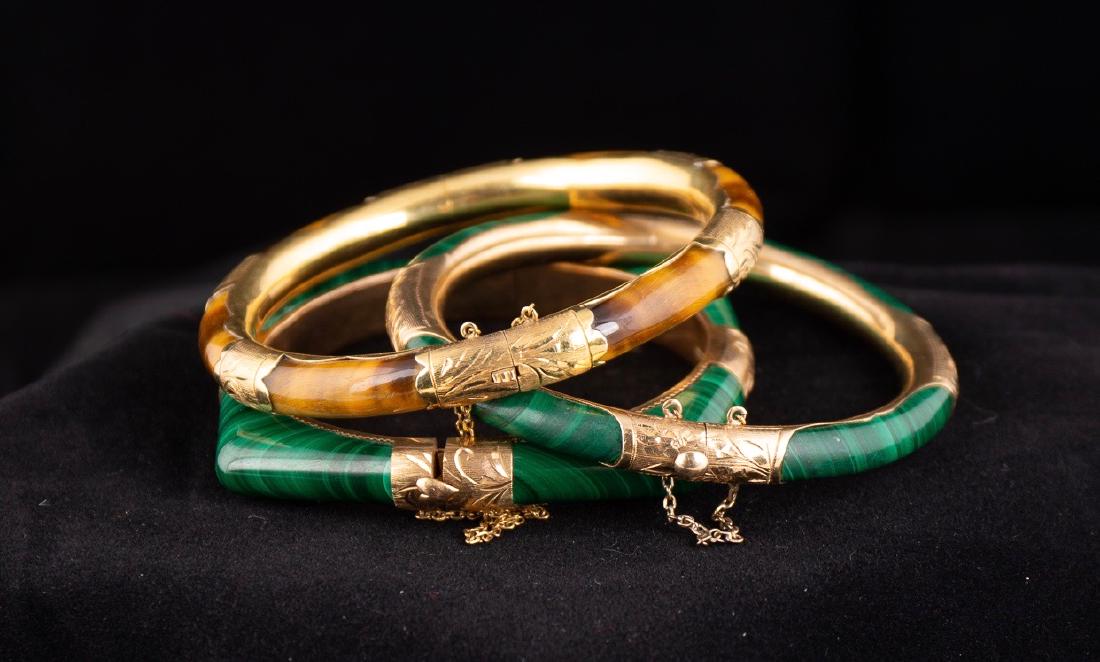 Three 14K Gold, Malachite & Tiger Eye Bangles (1 of 10)