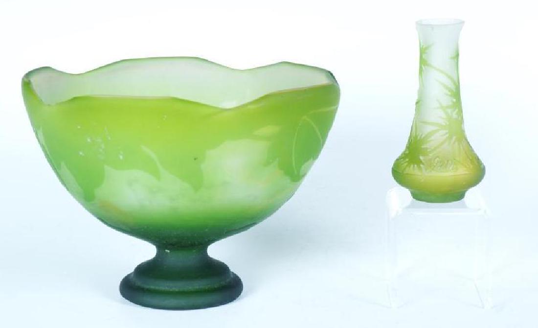 Two Pieces of Galle Cameo Glass: Comprising a footed bowl, "Erable,"or Maple, and a cabinet vase, the bowl in frosted grey glass overlaid with leaf green, cameo carved with a pattern of maple leaves on the exter