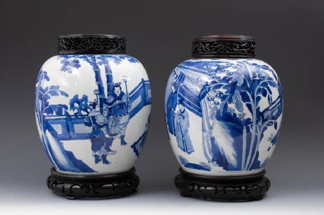 A Pair of Chinese Blue and White Porcelain Ginger Jars: Decorated with an emperor seated on a balustraded pavilion terrace flanked by attendants holding fans, withÂ officials and a group of two warriors standing beside trees and rockwork, the other with