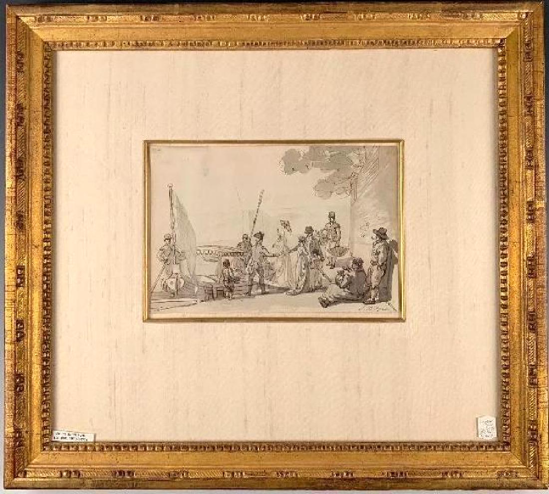 James Baker Pyne Drawing (British 1800-1870): James Baker Pyne (British 1800-1870) A River Picnic Party, ink and wash on paper, signed lower right, framed. 6 x 9 in. 17.25 x 19 as framed. Condition: Good with slight handling wear