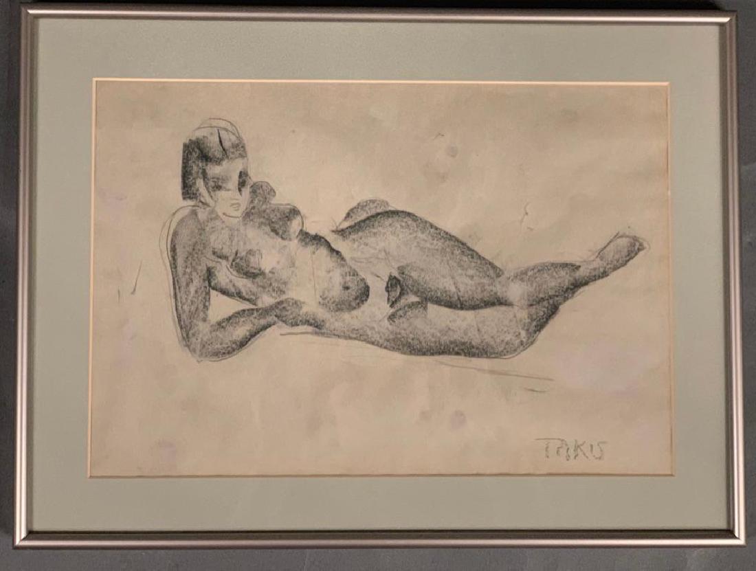 Nicholas Vassilakis Takis Drawing, Reclining Nude: Nicholas Vassilakis Takis (American 1903-1965) charcoal on paper, signed lower right, matted and framed. 8.5 x 12.5 in. 12 x 16 in, as framed Condition: Good with smudges and handling creases, not exa