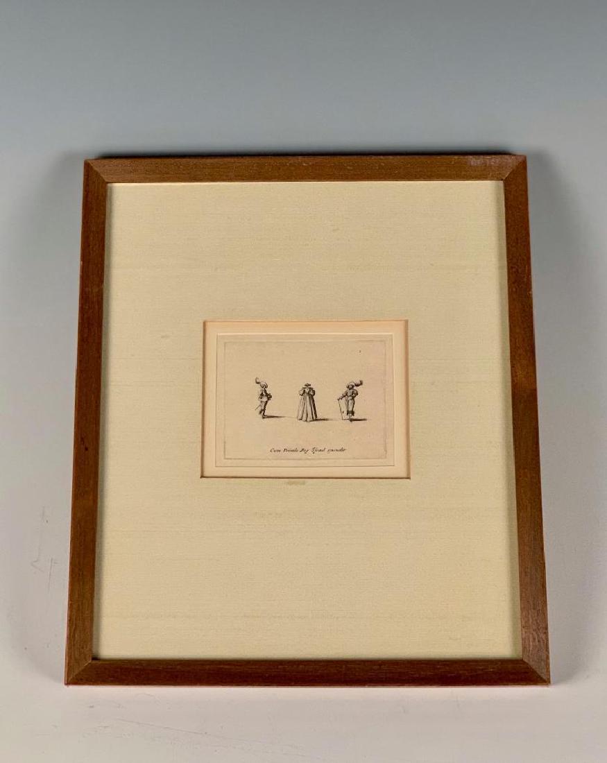 Jacques Callot Engraving, Les Fantaisies: Jacque Callot (French 1592-1635) Plate from Les Fantaisies, from the series of 14, etching on paper, printed by Israel Henriet, matted and framed, 2.5 x 2.5 in. Condition: L