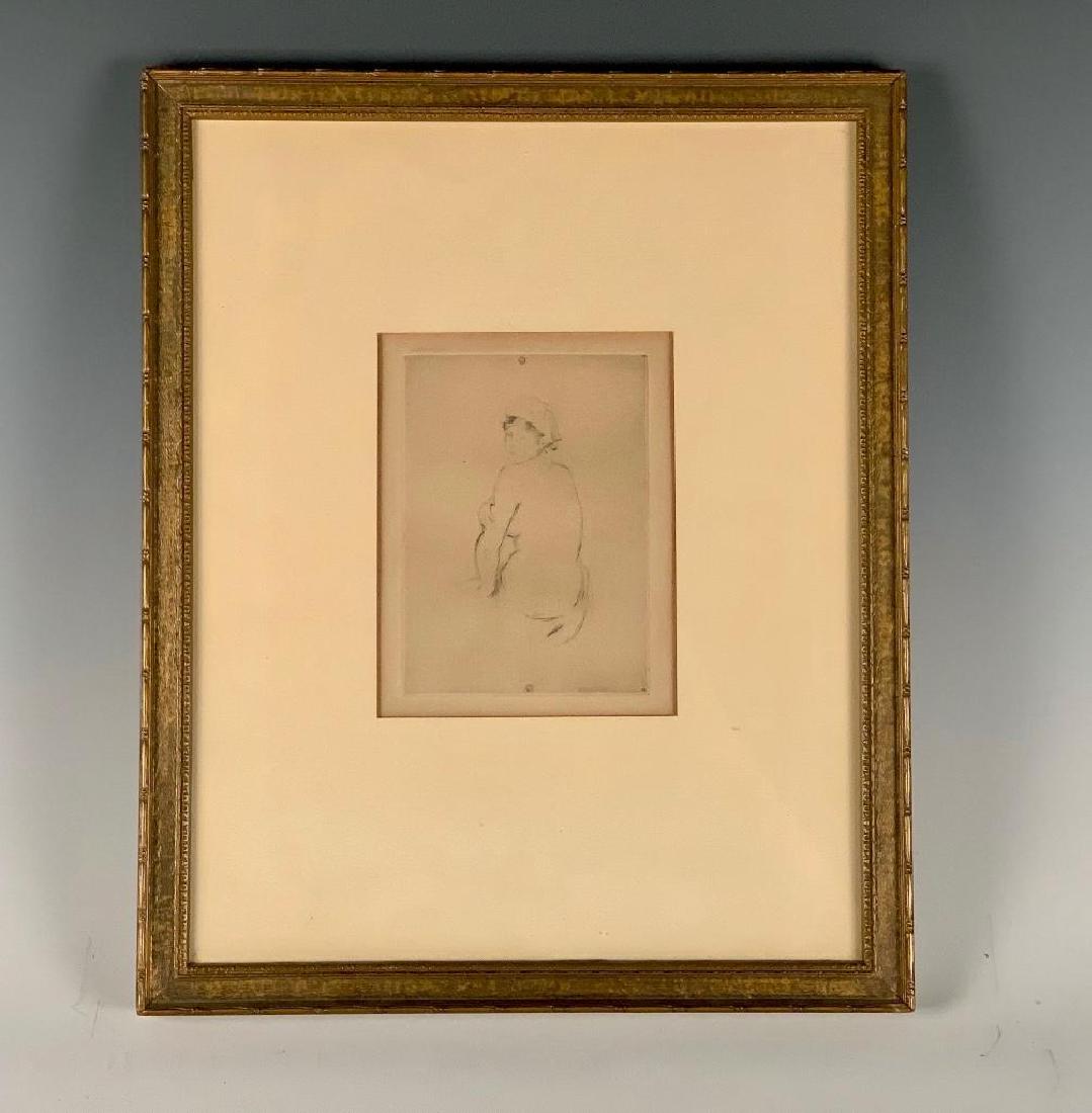 Berthe Morisot Etching: Berthe Morisot (French 1845-1891) Femme Nu de Dos, etching on paper, matted and framed, 5.25 x 4 in. Condition: Paper toned, not examined out of frame