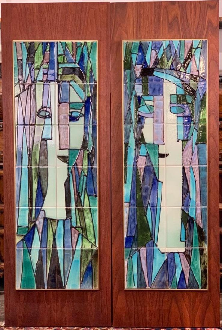 Pair of Harris Strong Glazed Tile Constructions: Harris Strong (American, b.1920) c.1950-60, depicting modernist bust length man and woman, each comprised of 12 contiguous tiles, framed in gilt and walnut. 37 x 12 .5 in. tiles, 48 x 16 in