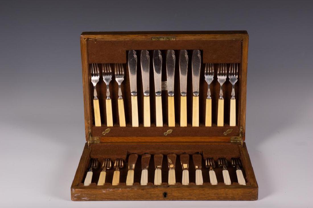 19th Century Mappin & Webb Fish Service for Twelve: Princess plate forks and knives with celluloid handles, stamped on th knives, in original felt lined wood box. each piece engraved. 7.5 in. l. knives, 6.5 in. l. forks.
