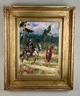 Wojciech Adalbert Kossak (Polish 1857- 1942): Polish Uhlan on Horseback and Admiring Girl, 1938, oil on artist's board, signed and dated lower left. From a famous family of Polish painters, father is Juliusz Kossak. Frame i