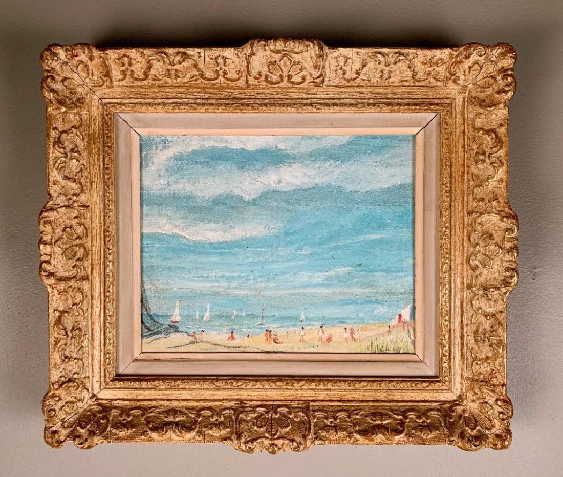 Albert pels Oil: Albert Pels (American, 1910-1998) New Jersey Shore, Beach Scene with Sailboats and Figures, oil on canvas, framed 8 x 9.5 in. As framed 13 x 15 in. Condition: Good