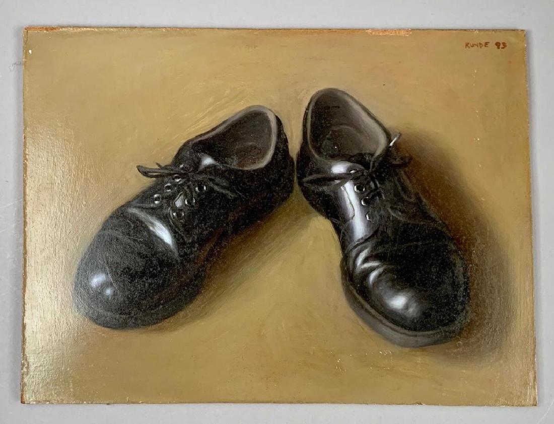 Eric Kunde Oil: Eric Kunde (American b.1969) Shoes, 1993, oil on panel, signed and dated upper right, 12 x 16 in. Condition: Minor abrasions to surface