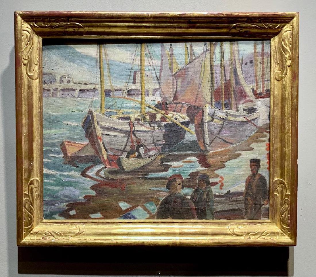 Harbor Scene Painting: Oil on canvas, no signature found, initialed on tacking margin "G.F.S.", no date. Looks like Gloucester Harbor. On wood frame with old nails in tacking margin, in gilt wood frame, canvas approx 16" x