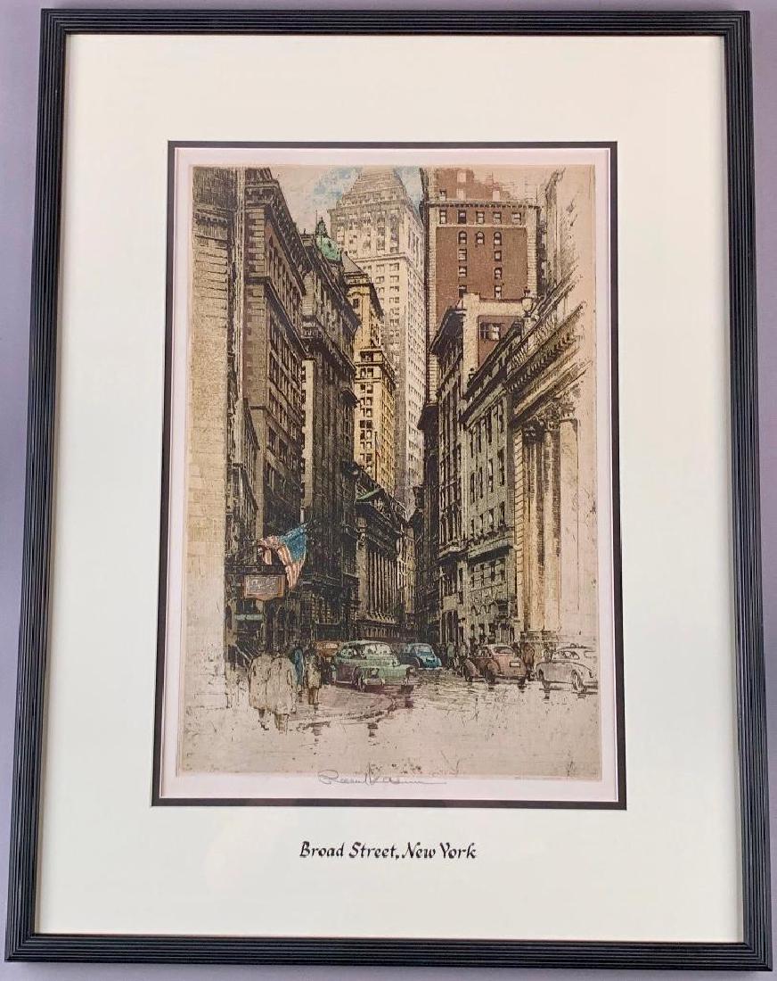Robert Kasimir, Broad Street, New York: Robert Kasimir (Austrian 1919-2002) Broad Street, New York, c.1940. Soft ground etching and aquatint on paper, signed in pencil, lower center, matted and framed with hand lettering on mat 18