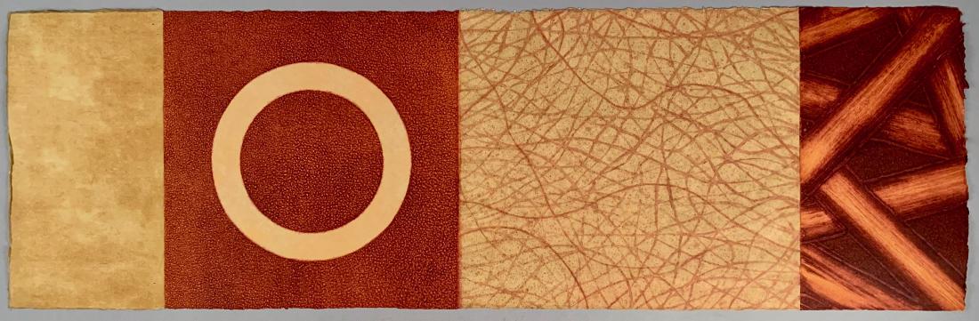 David Shapiro (American, 1944-2014): "Origin and Return I", collograph etching on hand-made paper, dated 1999, AP 1/6, unframed approx 13" X 40". The title phrase, Origin and Return, comes from a series of Shapiro’s paintings by the sa